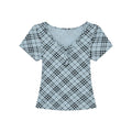 KANO Strap V-neck Contrasting Color Plaid Slim Tee