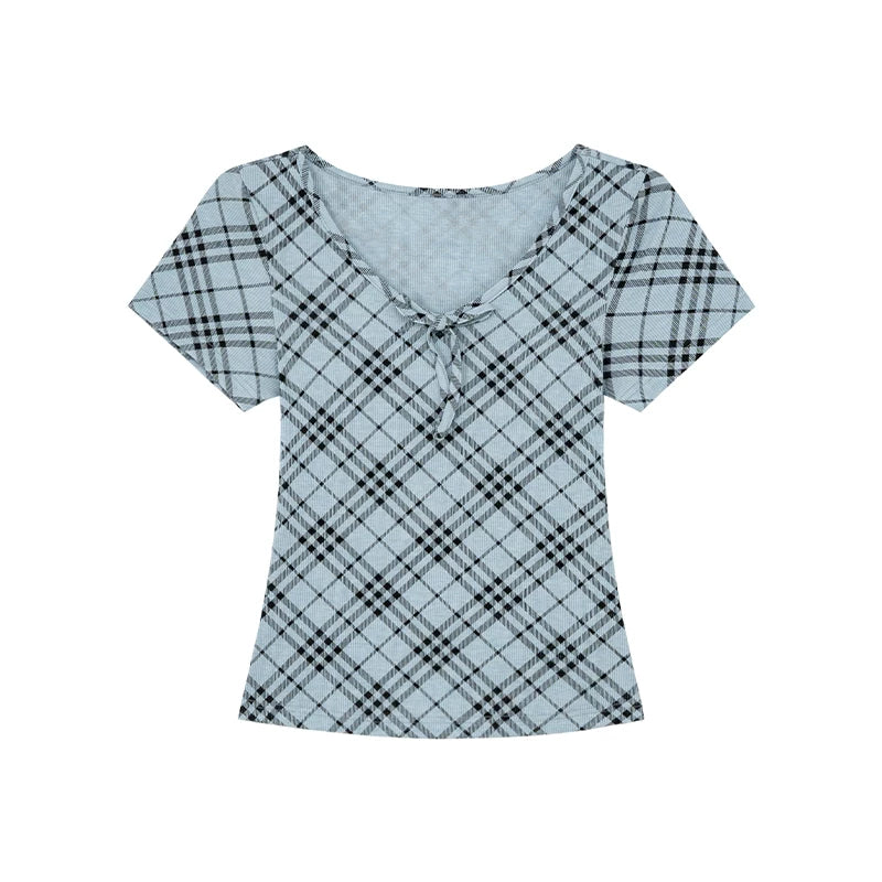 KANO Strap V-neck Contrasting Color Plaid Slim Tee
