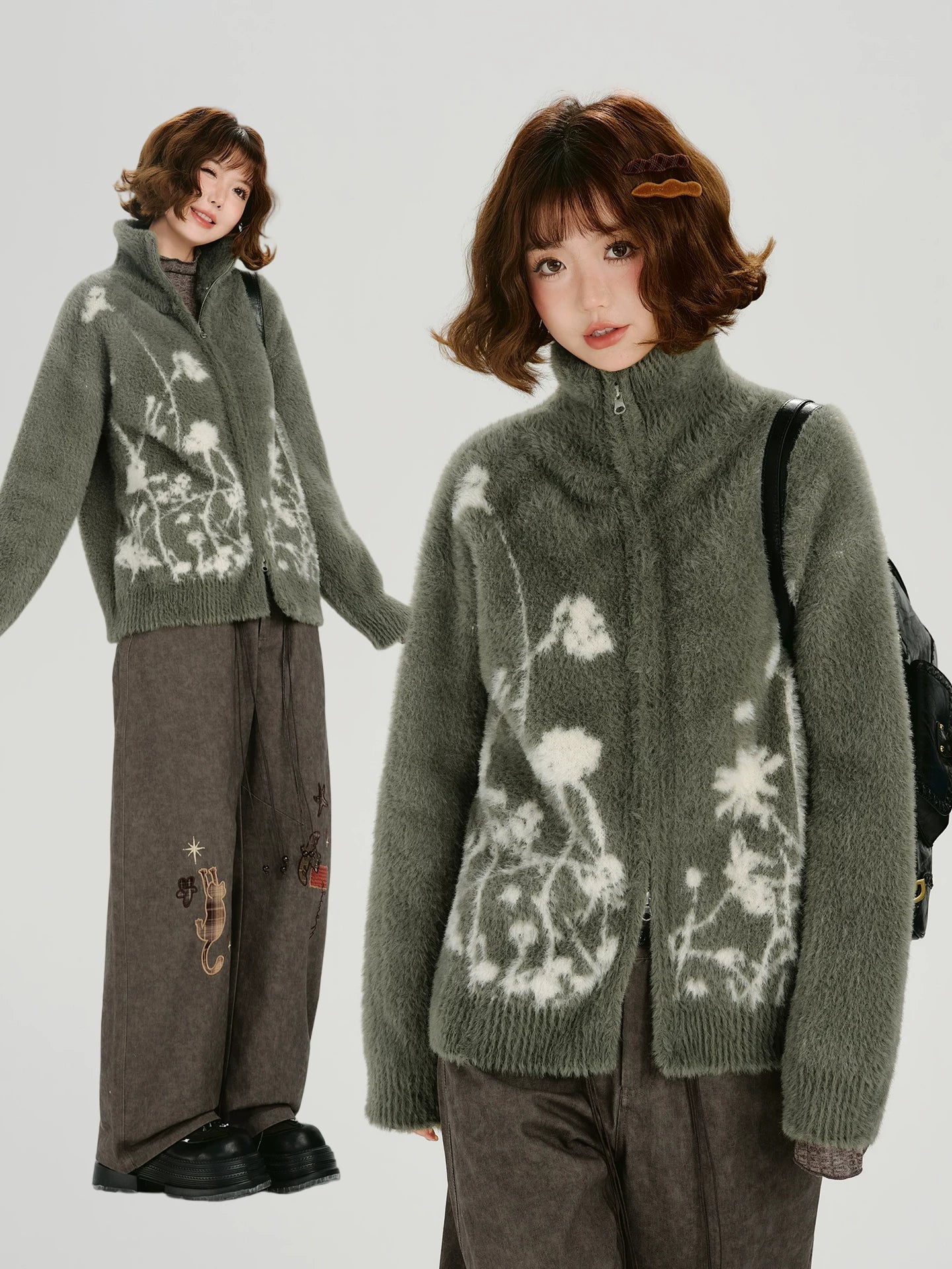 Girlyhalo Vintage Turtleneck Knitted Sweater Jacket