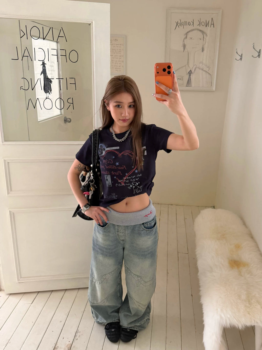 CCYE Fake Two-piece Spliced Waist Wide-leg Jeans