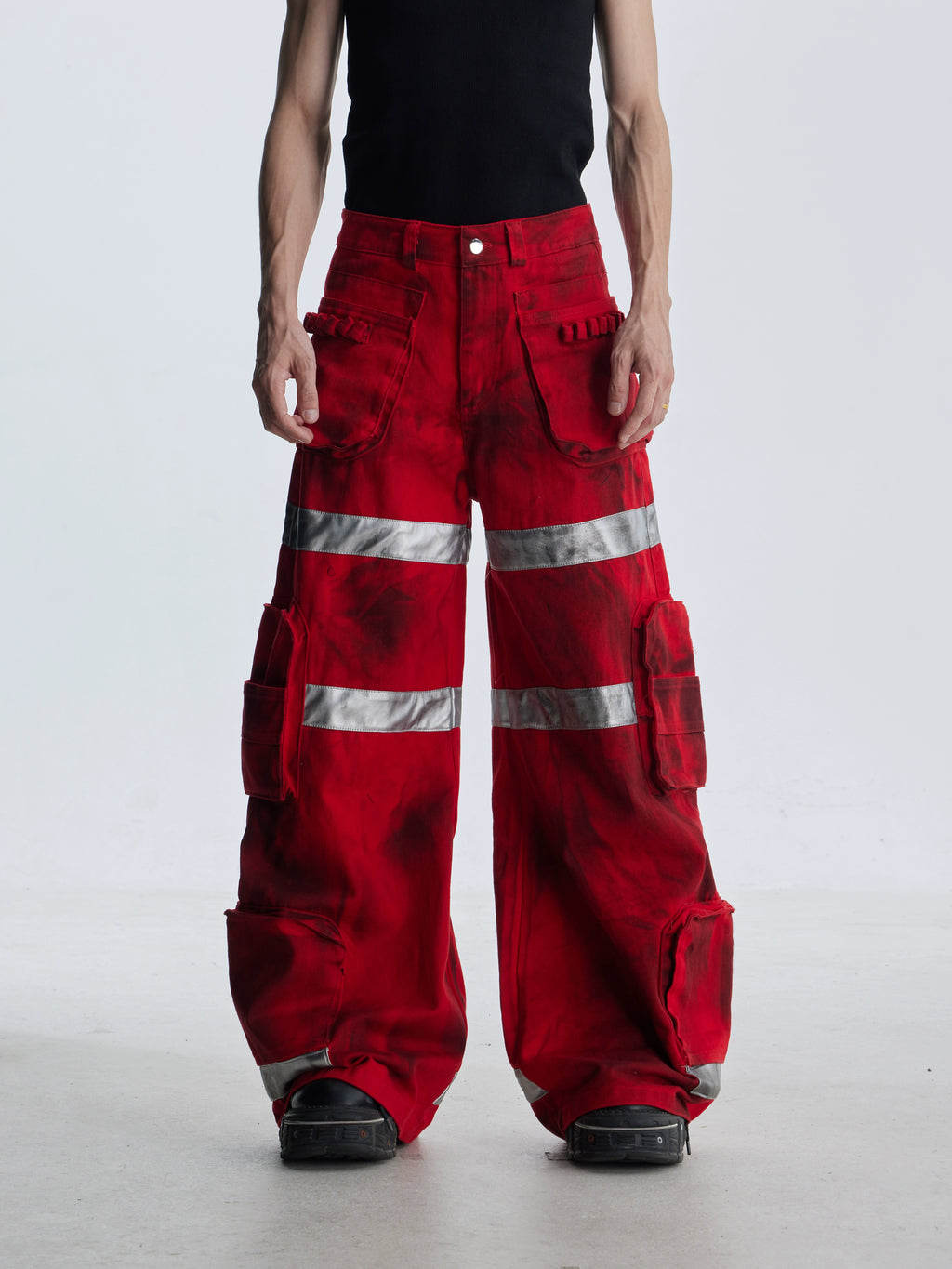 NOMANIAI Dirty-dyed Multi-pocket Workwear Wide-leg Jeans