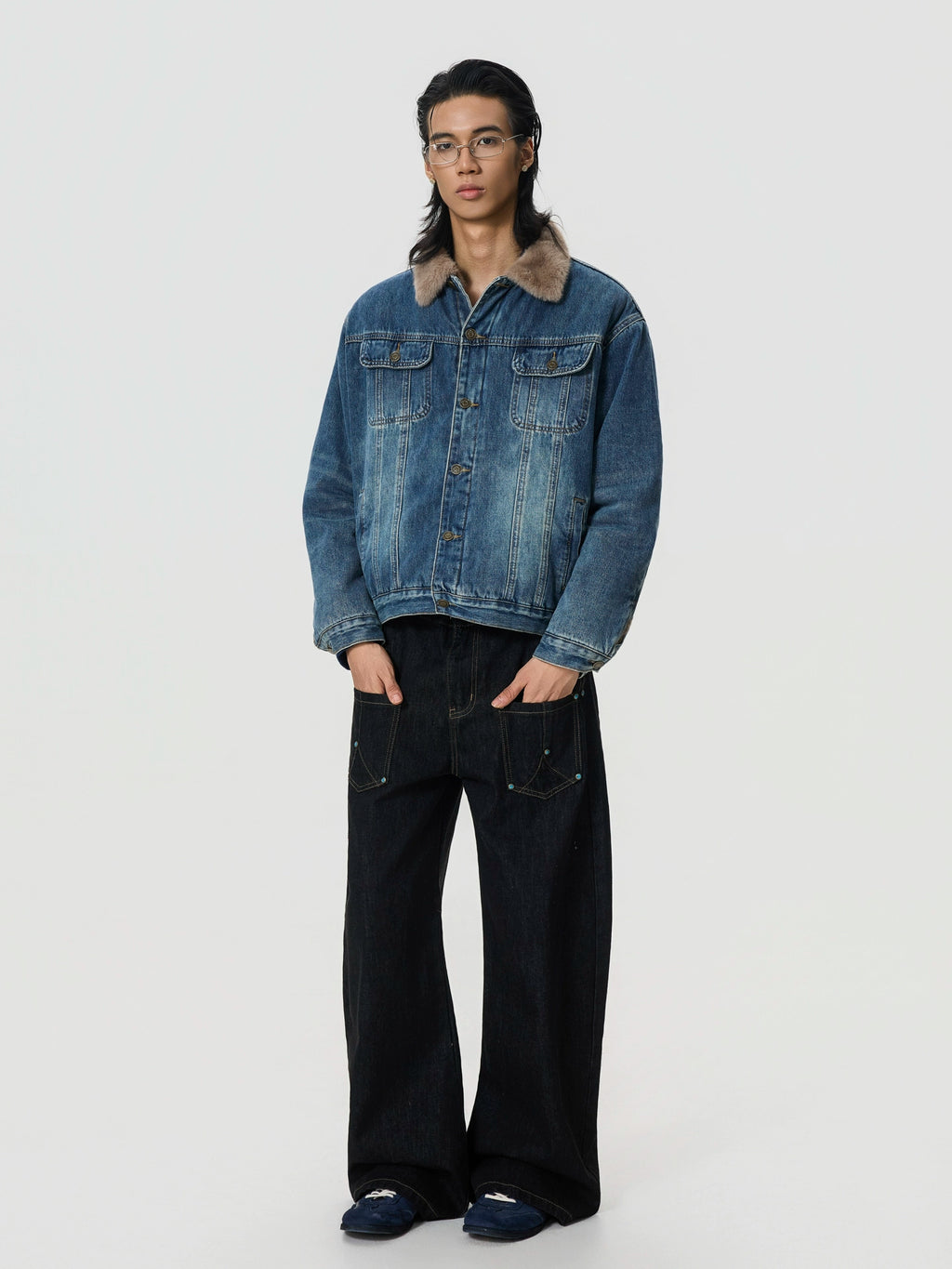 BTSG Vintage Stitching Turquoise Crash Nailed Jeans