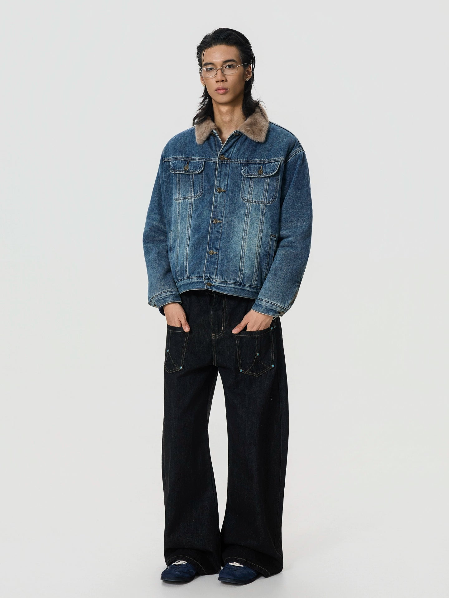 BTSG Vintage Stitching Turquoise Crash Nailed Jeans