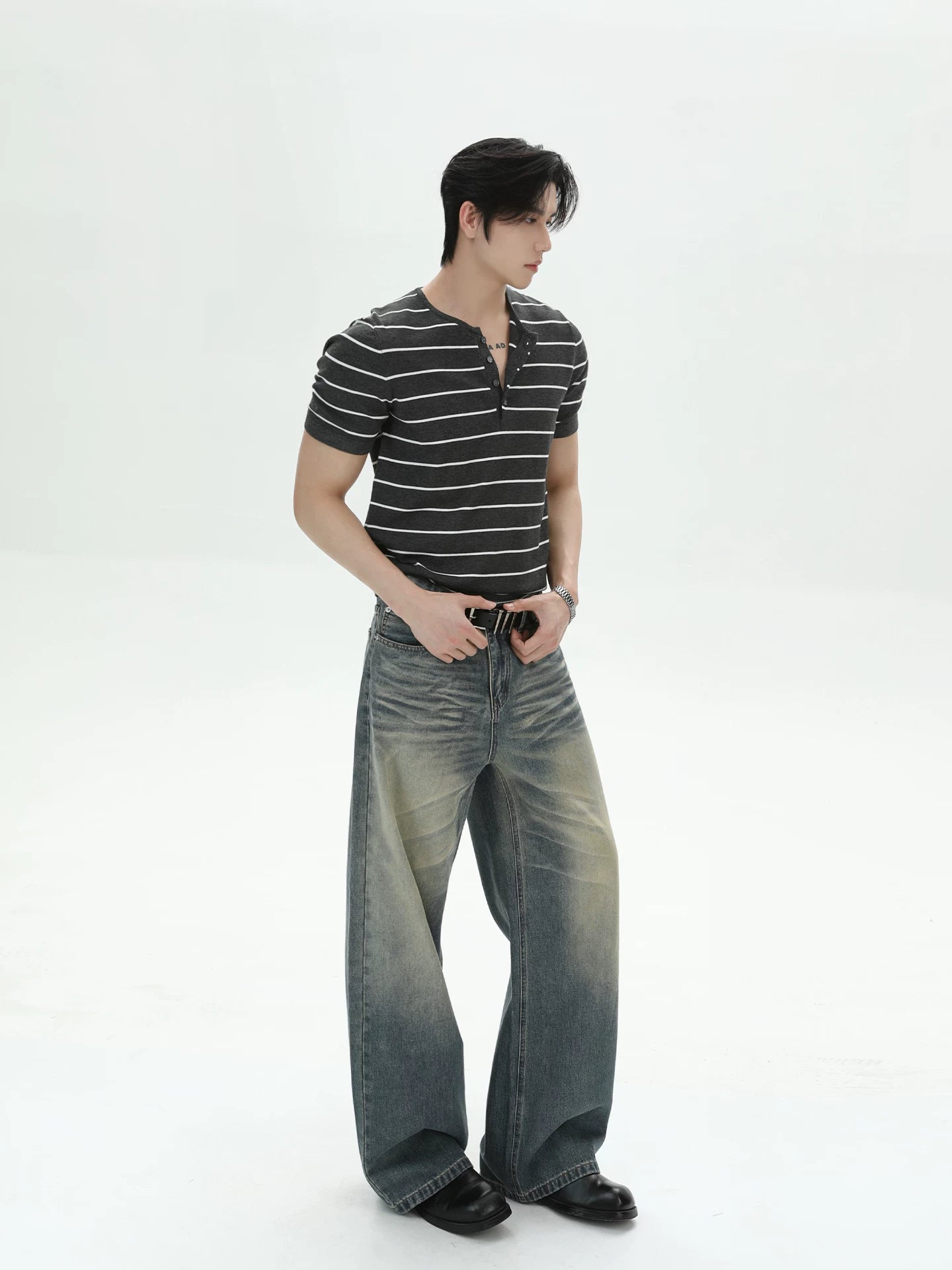 TURNTIDE Henry Collar Striped Slim Casual Tee