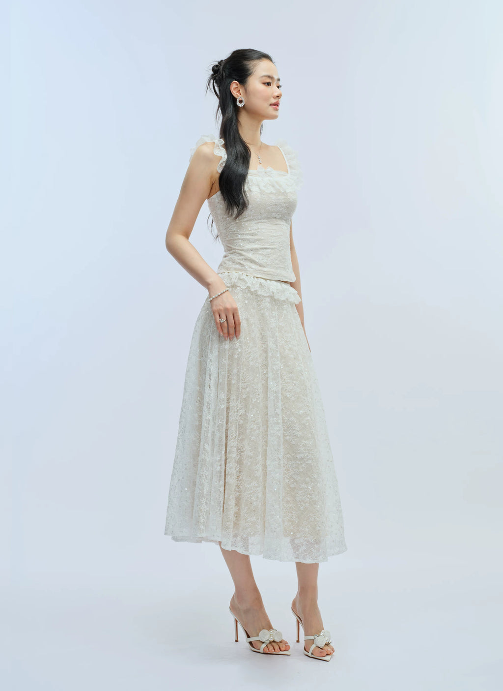 J TheChosen Lace Sequined Flountain Tank Top Skirt Set