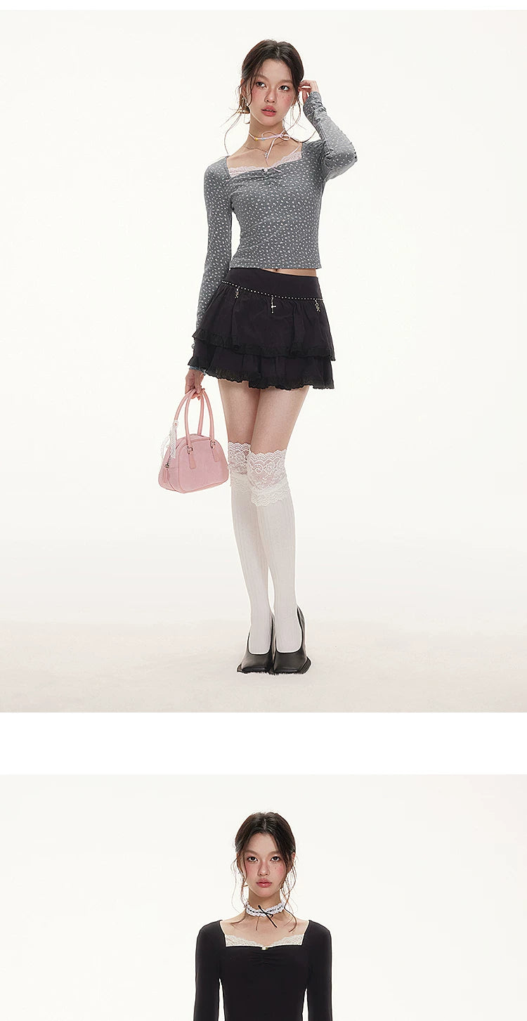 IMONE Vintage Contrast Lace Square Neck Floral Tee