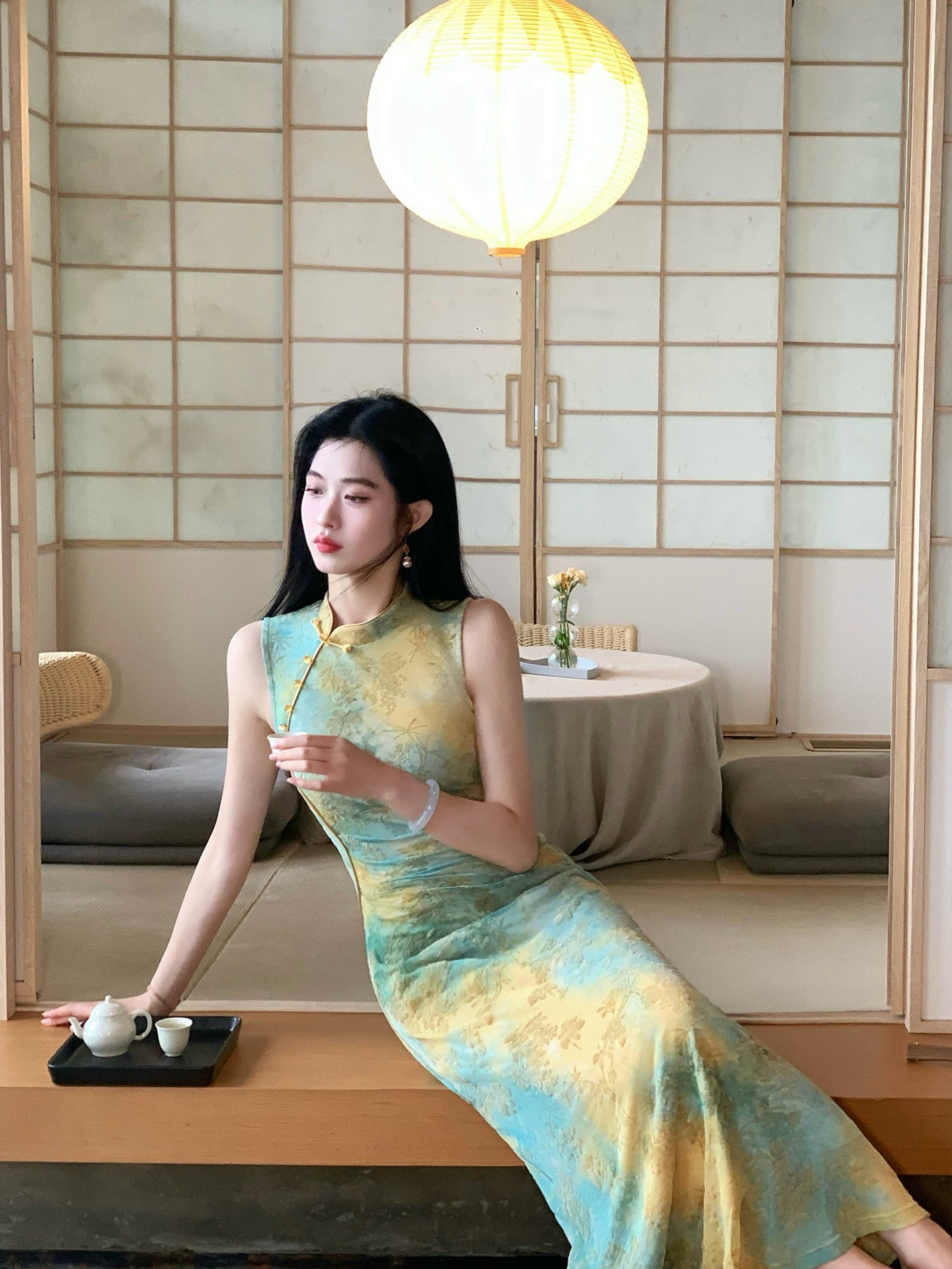 ZIHE Smudged Stretch Cheongsam Slim Sleeveless Dress