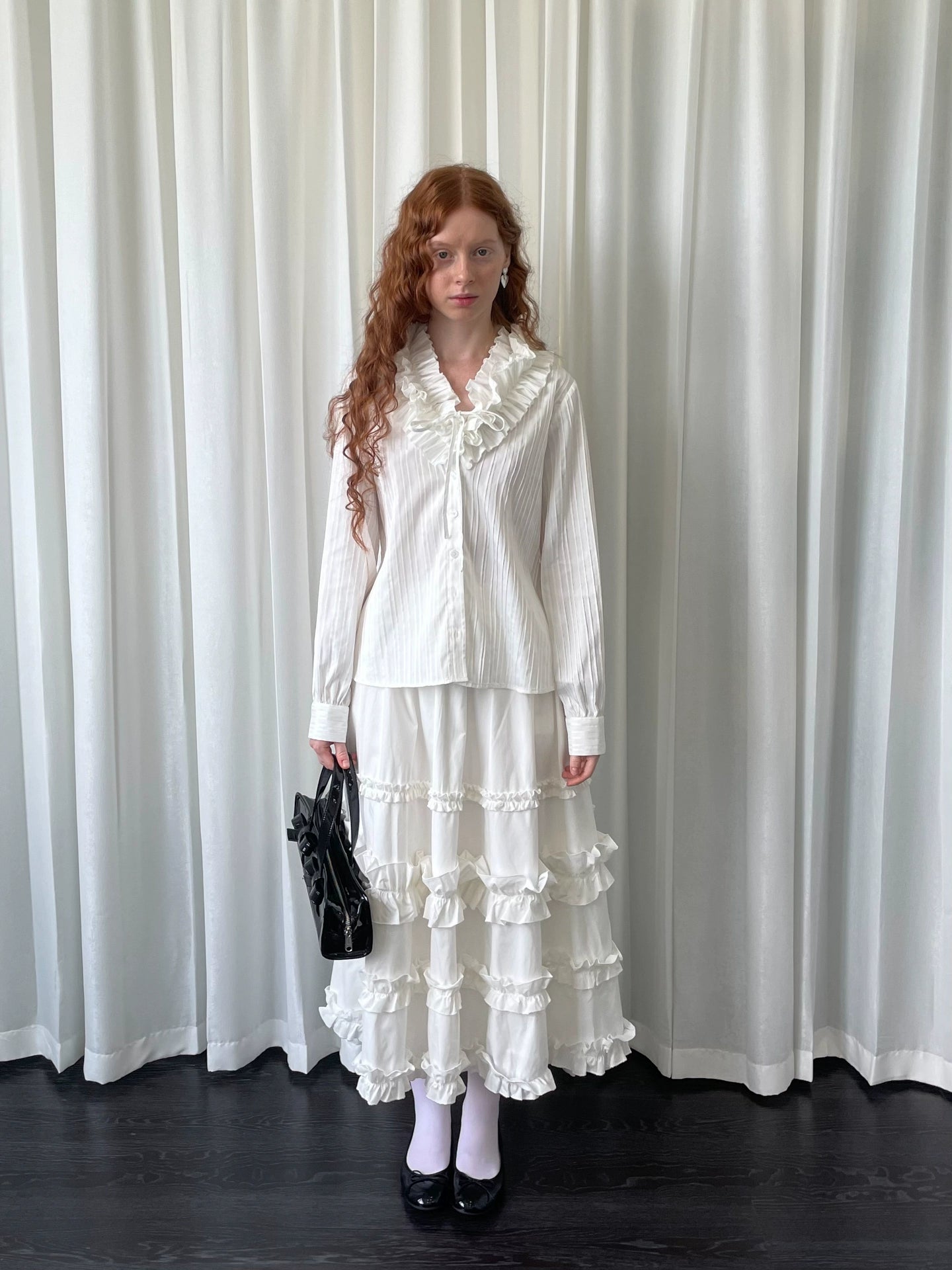 Loosesmell Large Lace-Up Collar Long Sleeve Shirt