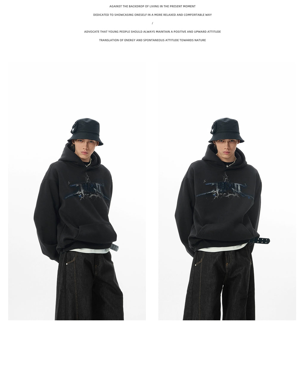 JHYQ Retro Letter Print Beaded Hooded Sweater