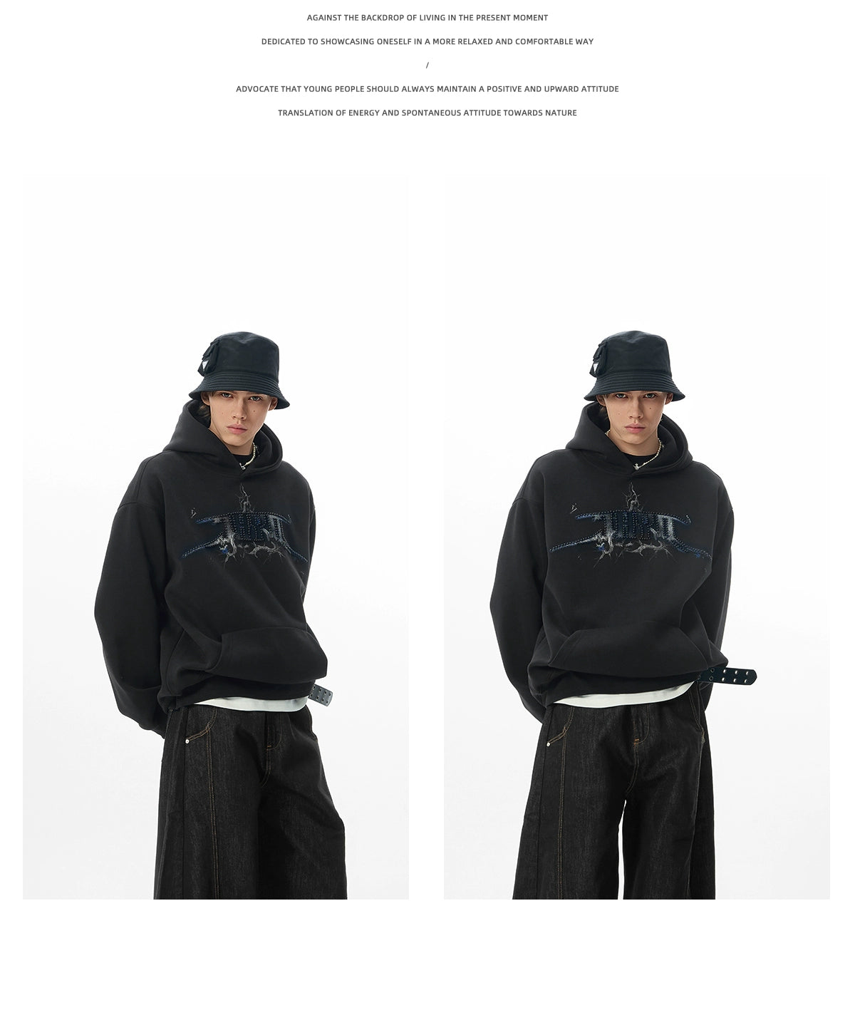 JHYQ Retro Letter Print Beaded Hooded Sweater