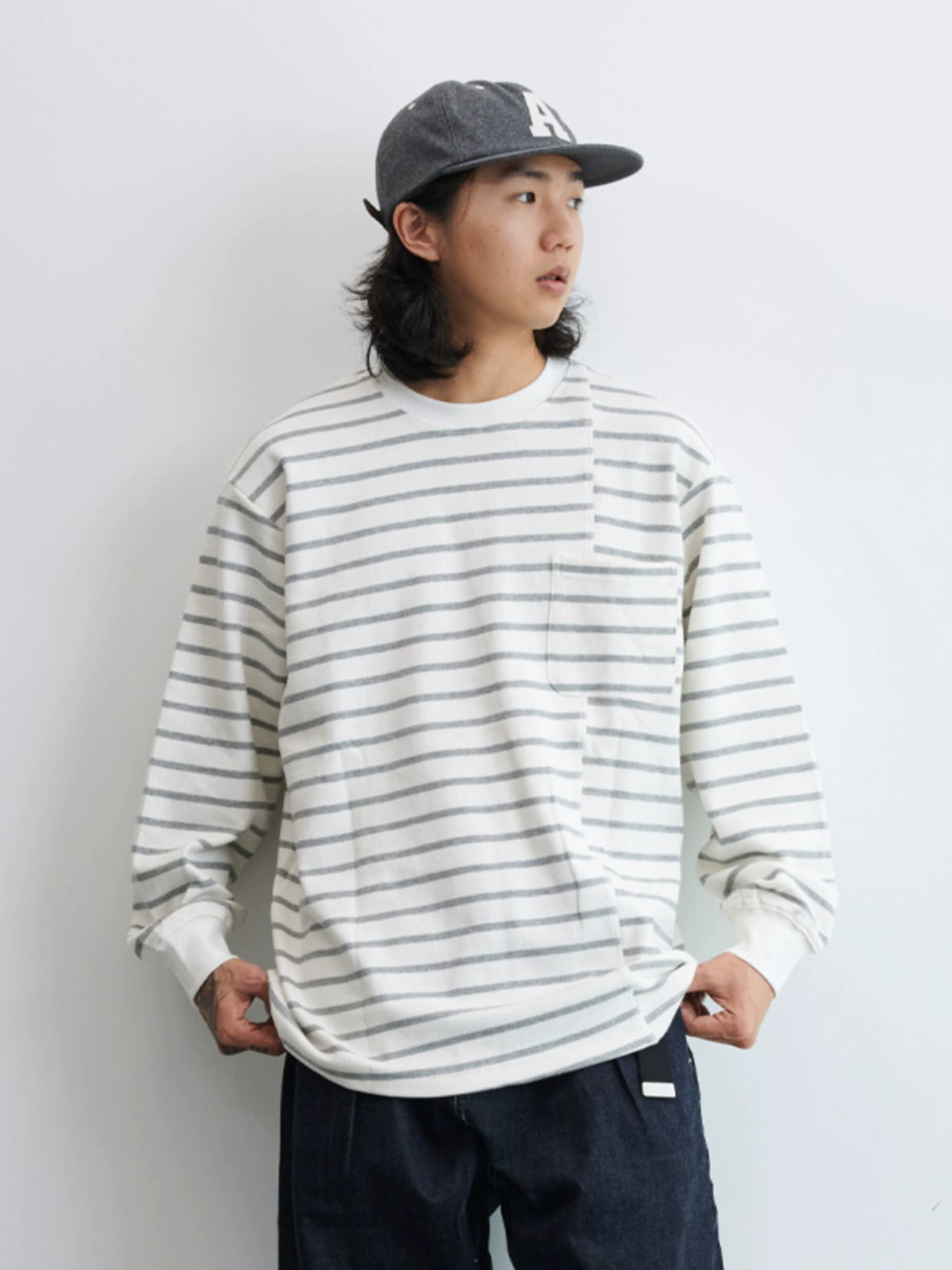 NUMBERSALT Japanese Casual Loose Crew Neck Striped Long Sleeve