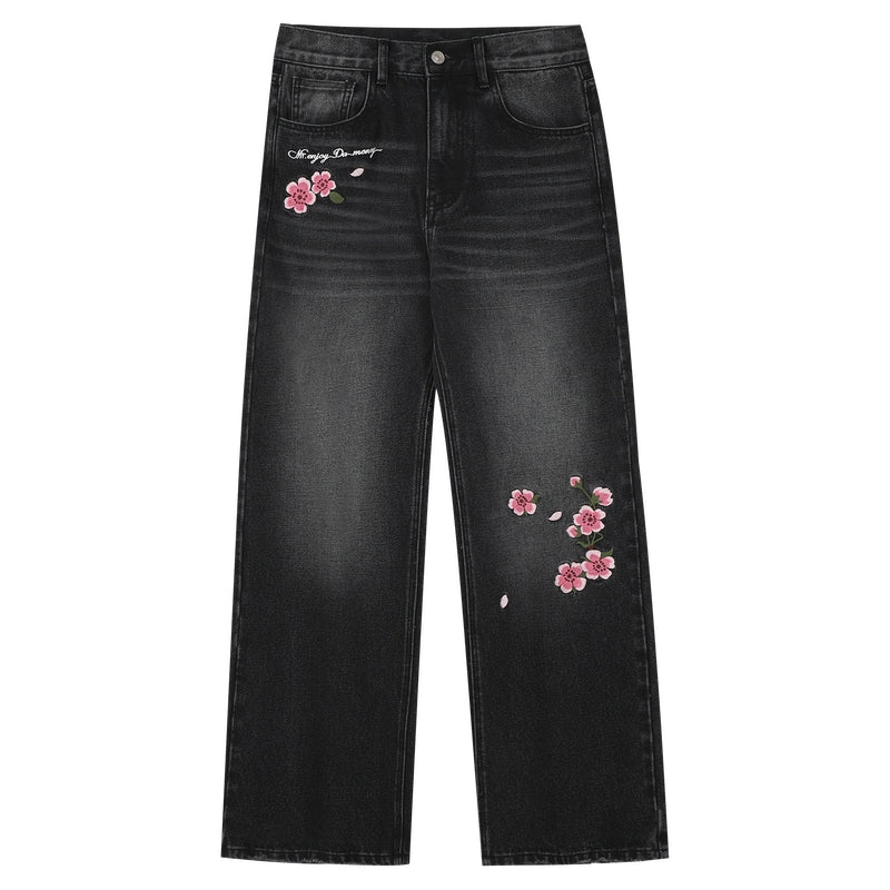 MEDM Sakura Pattern Embroidered Micro-elastic Casual Jeans