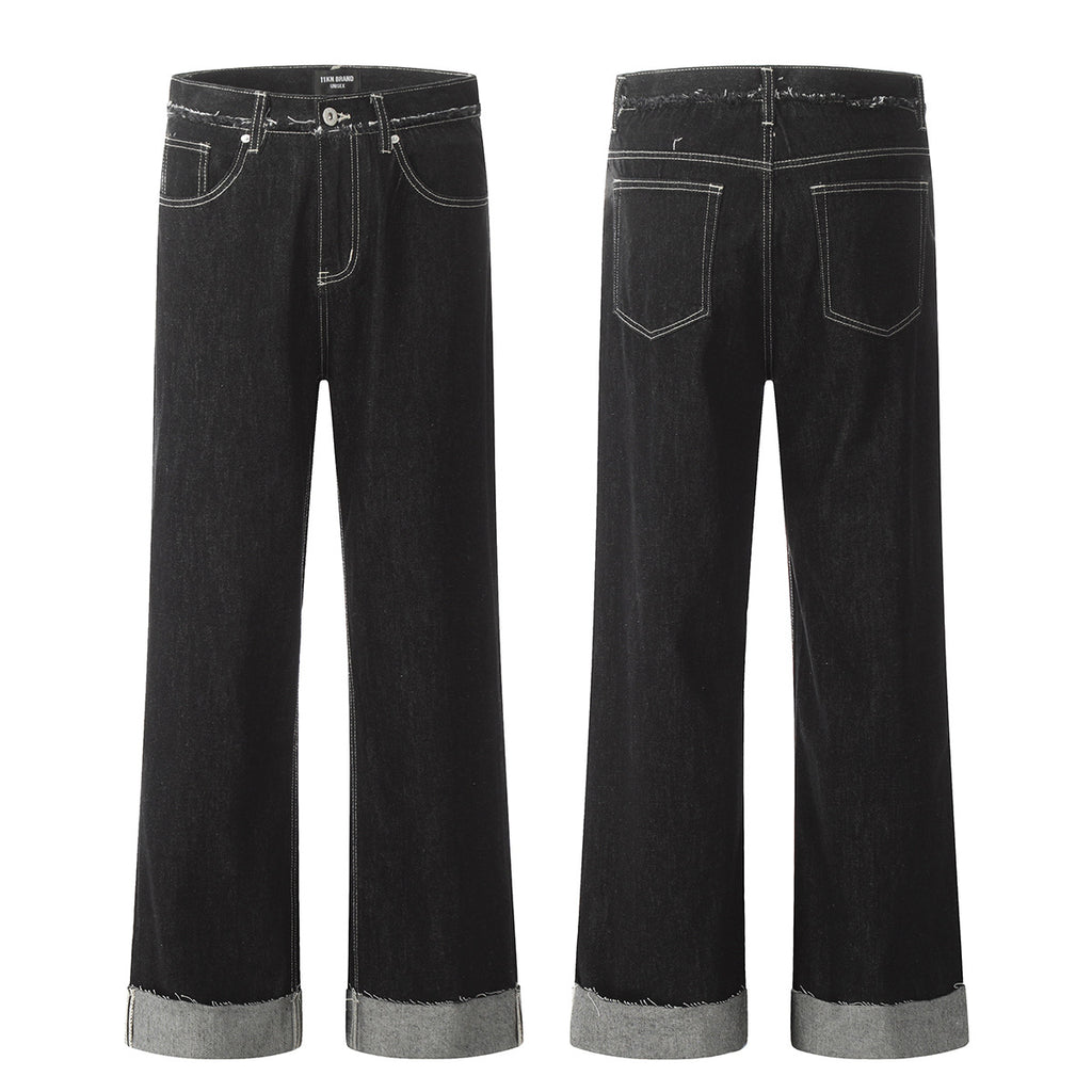11KN Distressed Stitching Rolled-up Jeans