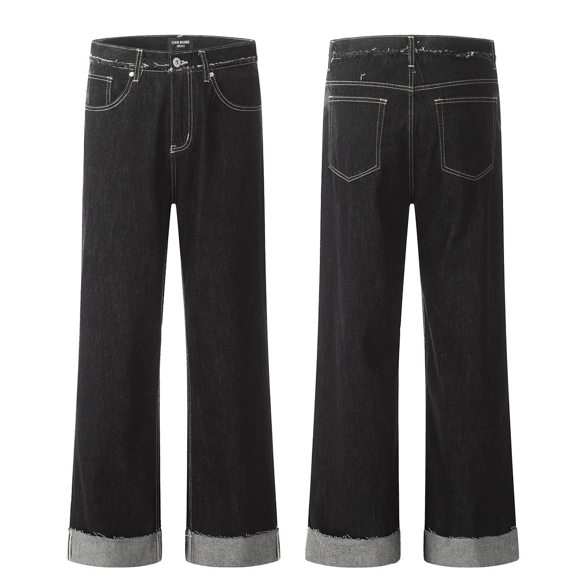 11KN Distressed Stitching Rolled-up Jeans