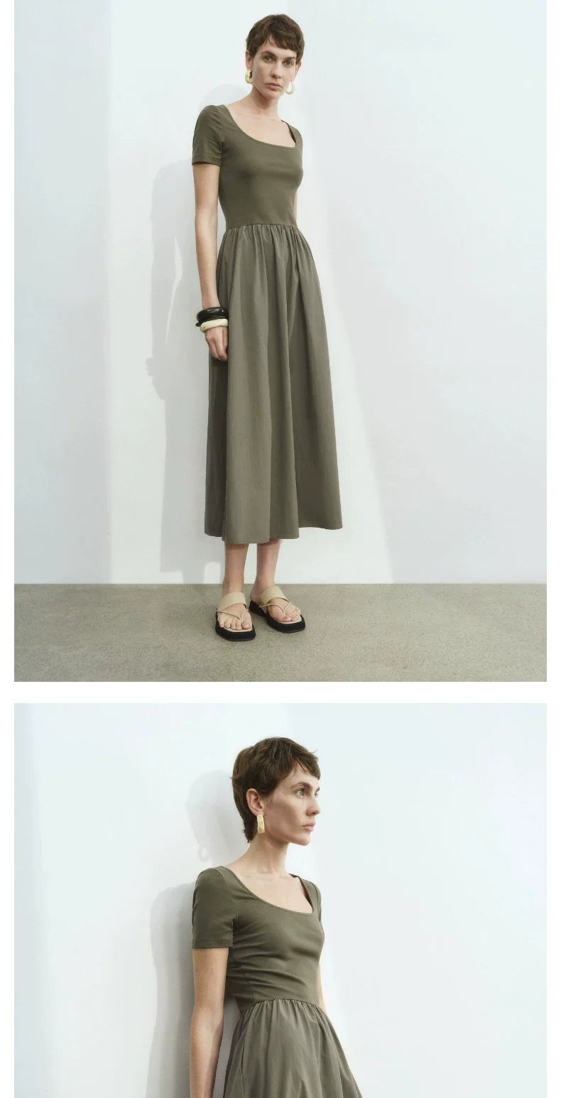 URBAN REVIVO Simple Stitching Slim-fitting Short-sleeved Dress