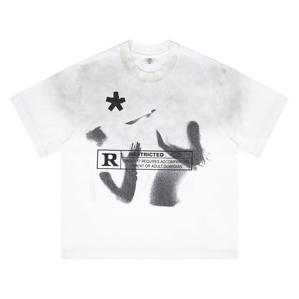 SUPER WAY Letter Printing Gradual Change Spray Color Casual Tee
