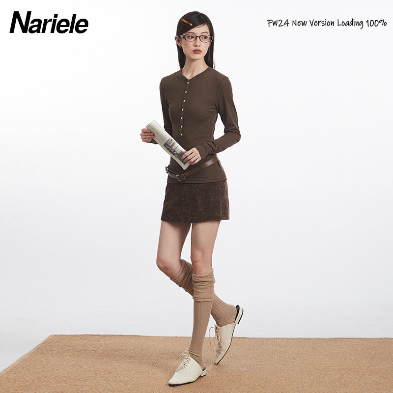 Nariele Button Design Slim Fit Crew Neck Long Sleeve