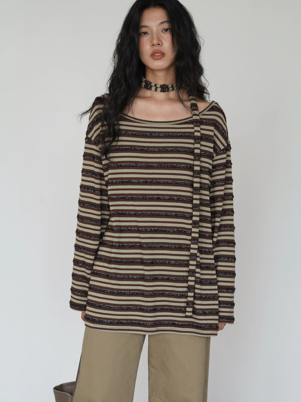 EIGHTHMONTH Striped Off-the-shoulder Streamer Casual Long Sleeve