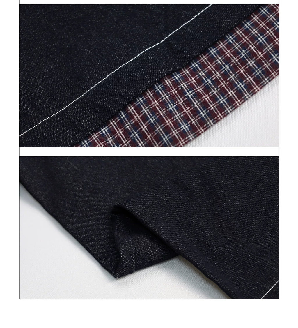 Girlyhalo Vintage Checked Lace Splicing Denim Scimitar Pants
