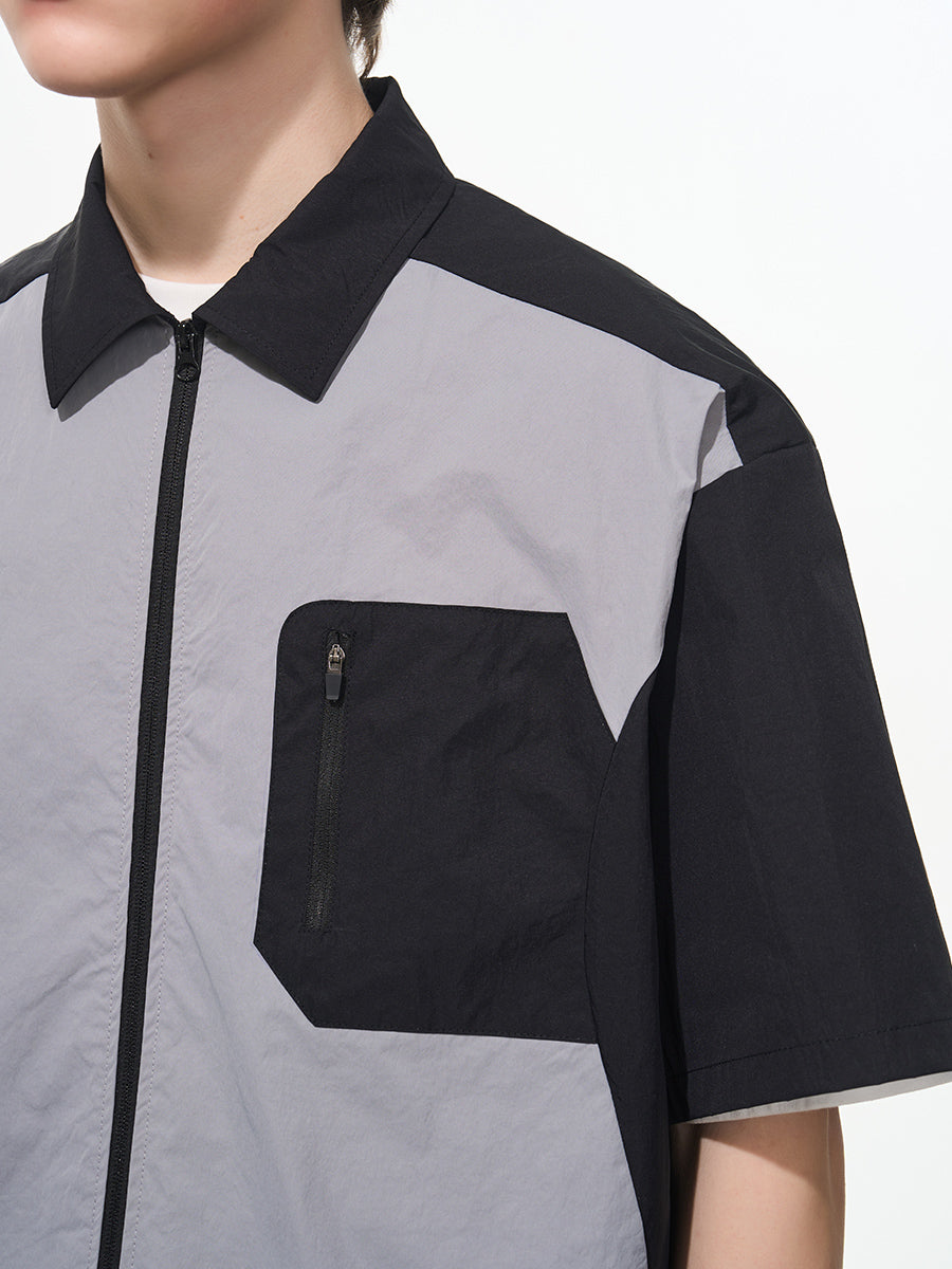 Harshandcruel Outdoor Contrast Splicing Deconstruction Short Sleeve Zipper Shirt
