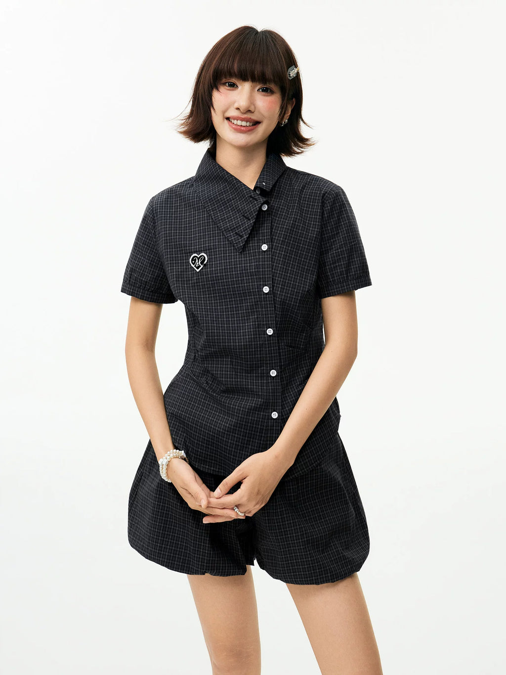 MEDM Plaid Diagonal Shirt with Waist and Thin Short Sleeves