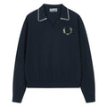 Harshandcruel Korean navy blue waffle V-neck college style lace edge loose seagull neck polo shirt