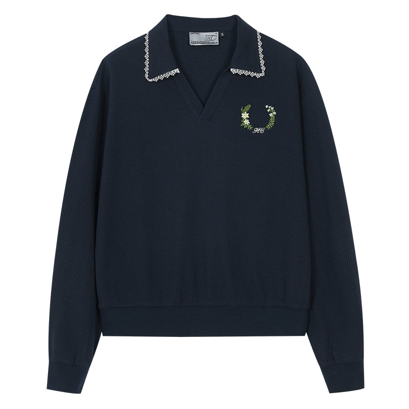 Harshandcruel Korean navy blue waffle V-neck college style lace edge loose seagull neck polo shirt