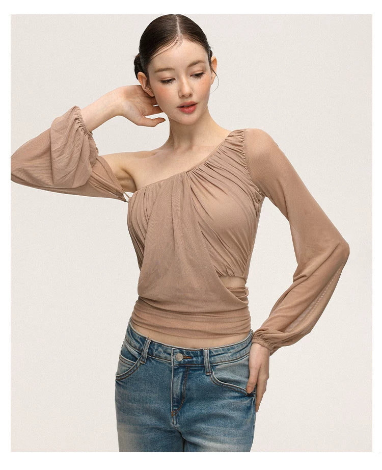 Anna Aneae Mesh Slanted Shoulders Waist Slim Tee