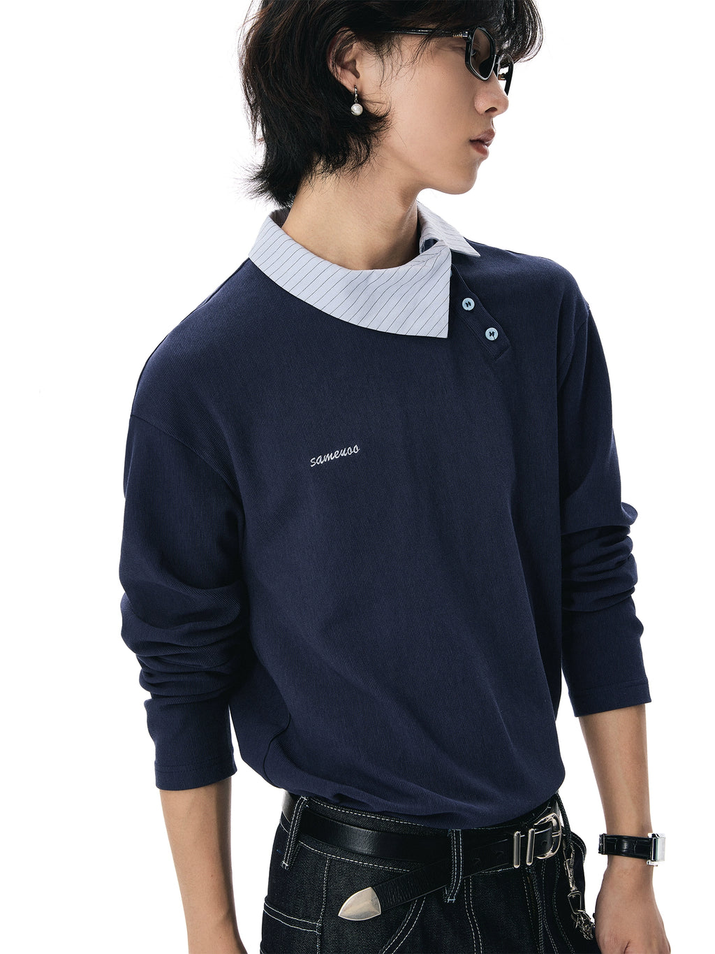 Sameuoo Casual Texture Slant Placket Polo Neck Long Sleeve