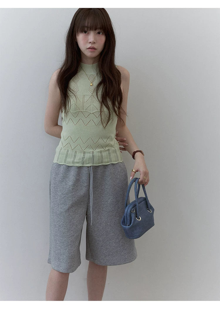 VOOE Crew Neck Hollow Jacquard Knitted Skinny Vest