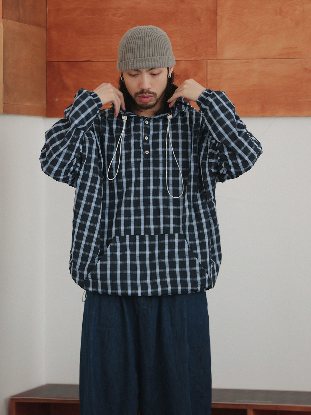 NOEARS Vintage Plaid Loose Hooded Plaid Jacket