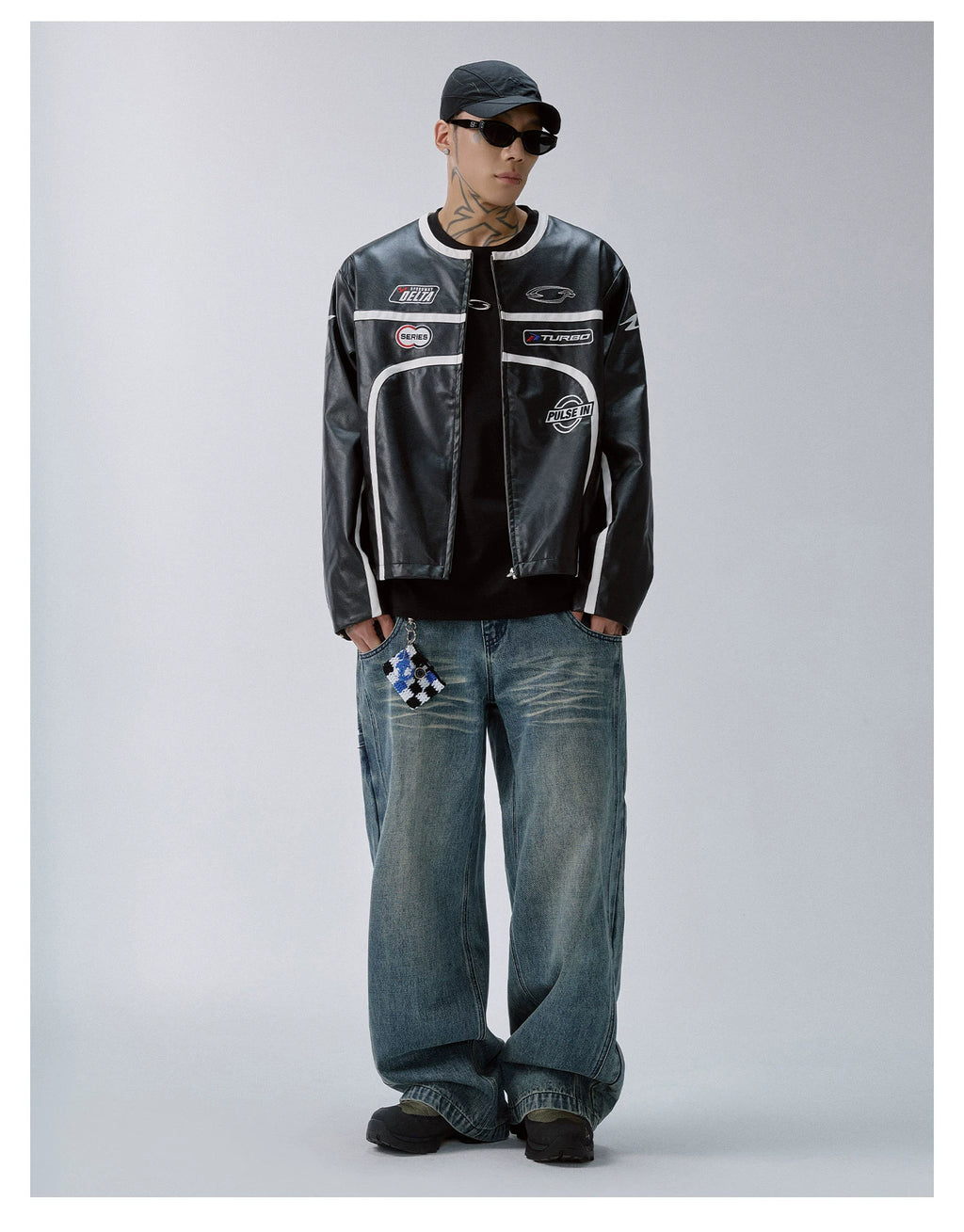 F2CE Embroidered Vintage Striped Stitched Loose Leather Jacket