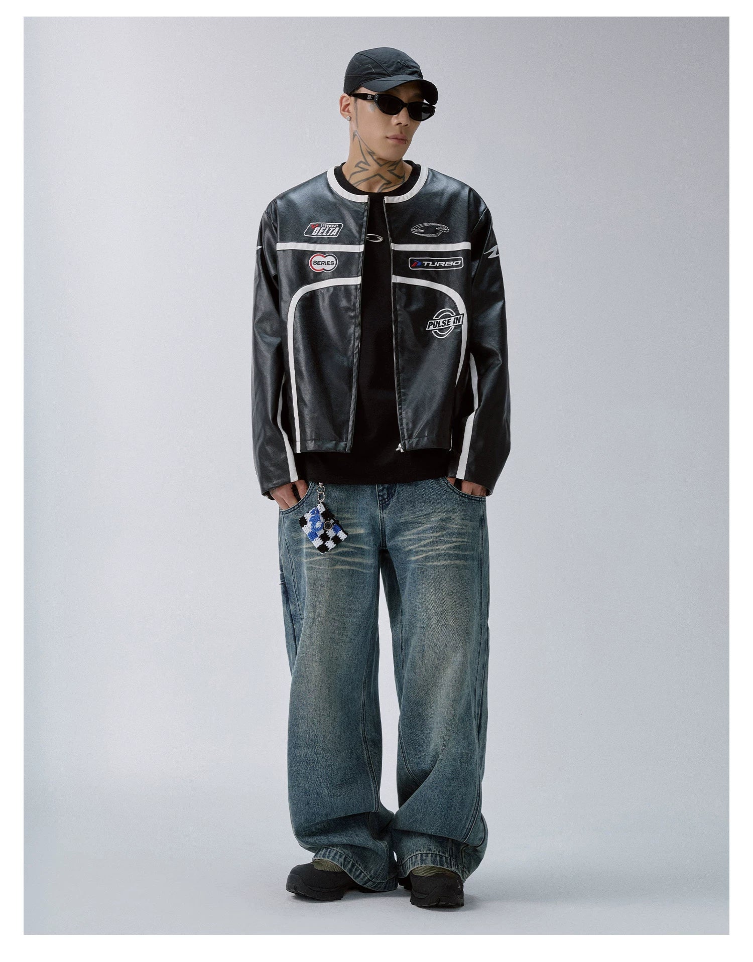 F2CE Embroidered Vintage Striped Stitched Loose Leather Jacket