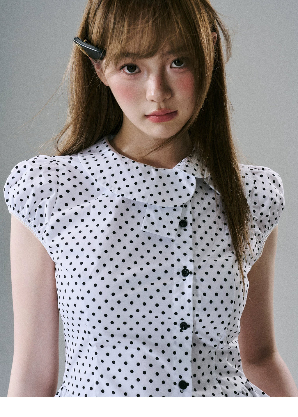LOST FOREST Asymmetrical Lotus Leaf Polka Dot Shirt Tee
