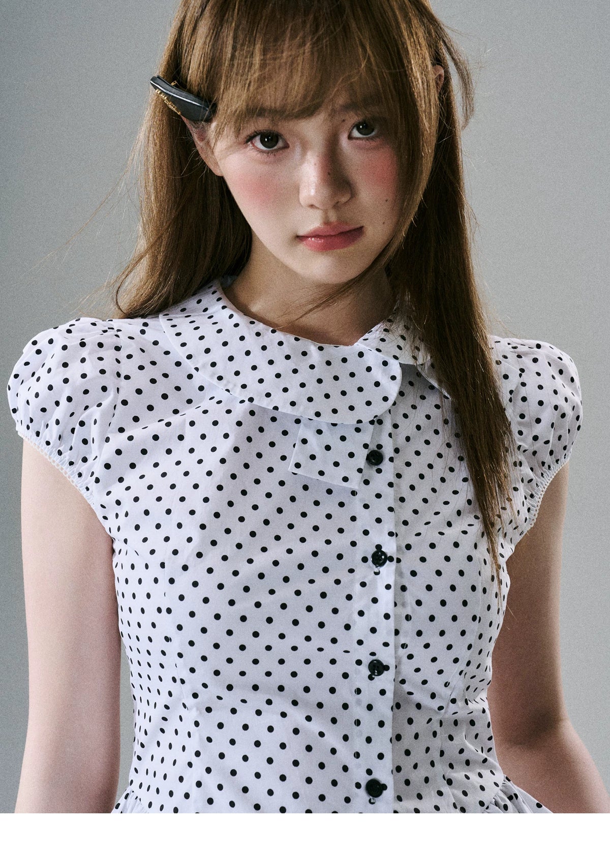 LOST FOREST Asymmetrical Lotus Leaf Polka Dot Shirt Tee