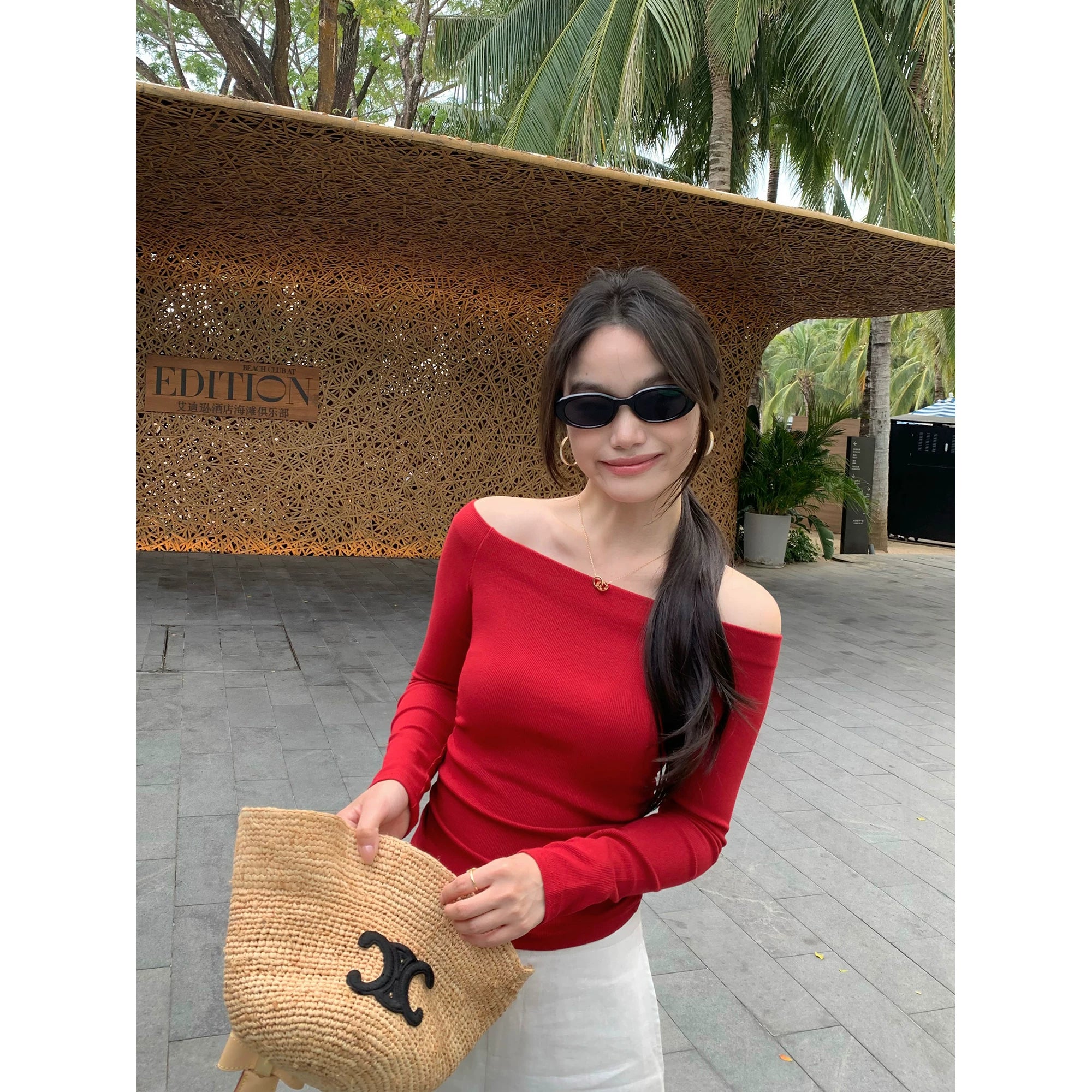 Pusumede Temperament Word Shoulder Slim Pleated Long Sleeves
