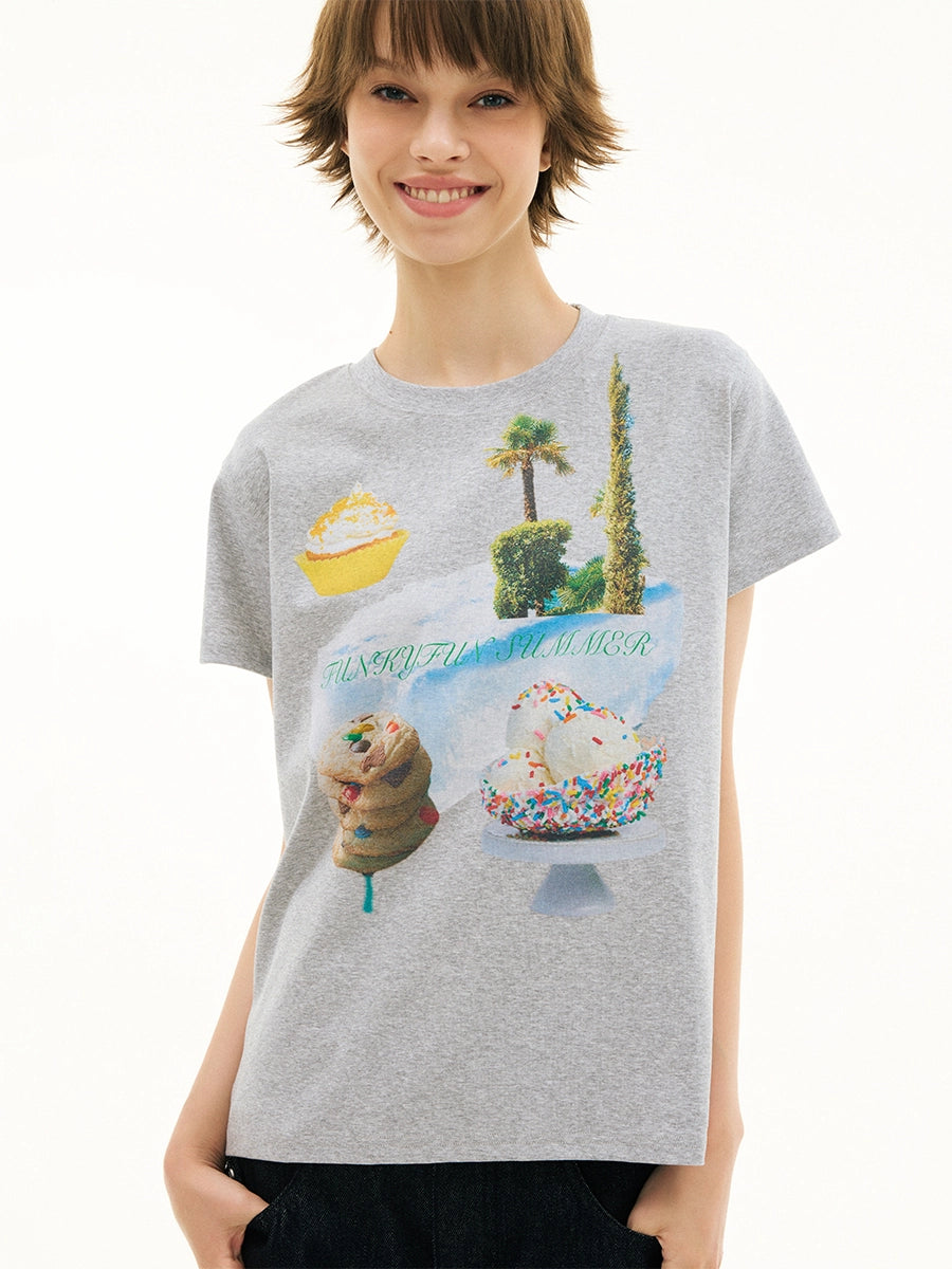 FUNKYFUN Direct Injection Printing Round Neck Front Shoulder Tee