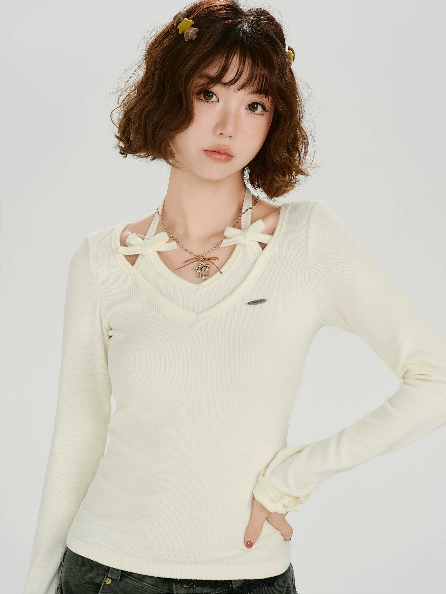 Girlyhalo Vintage Fake Two Piece Neck Slim Long Sleeve