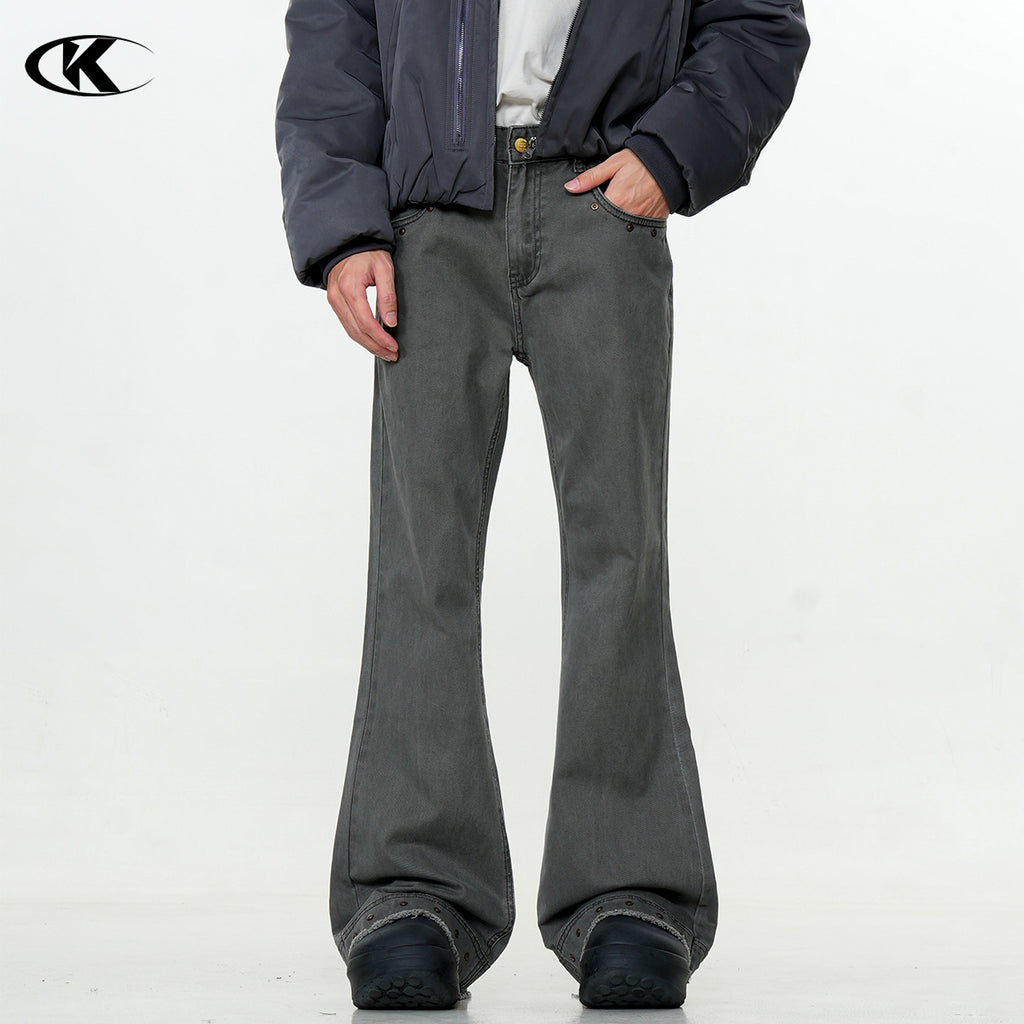 11KN gray-green riveted slim jeans