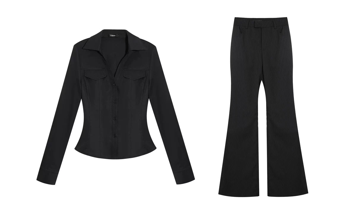 LLROGE Slim-fit Slim-fitting Long-sleeved Shirt Striped Drape Trousers