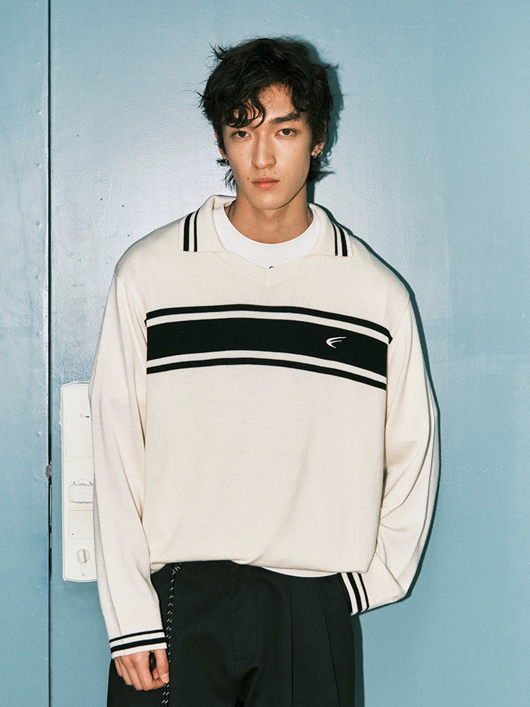MATCHA STORY Striped Contrasting Polo Neck Loose Knitted Sweater