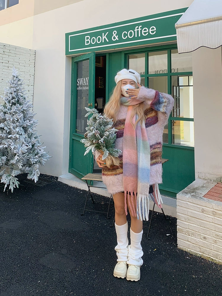 EAHO Korean Rainbow Plaid Contrasting Scarf