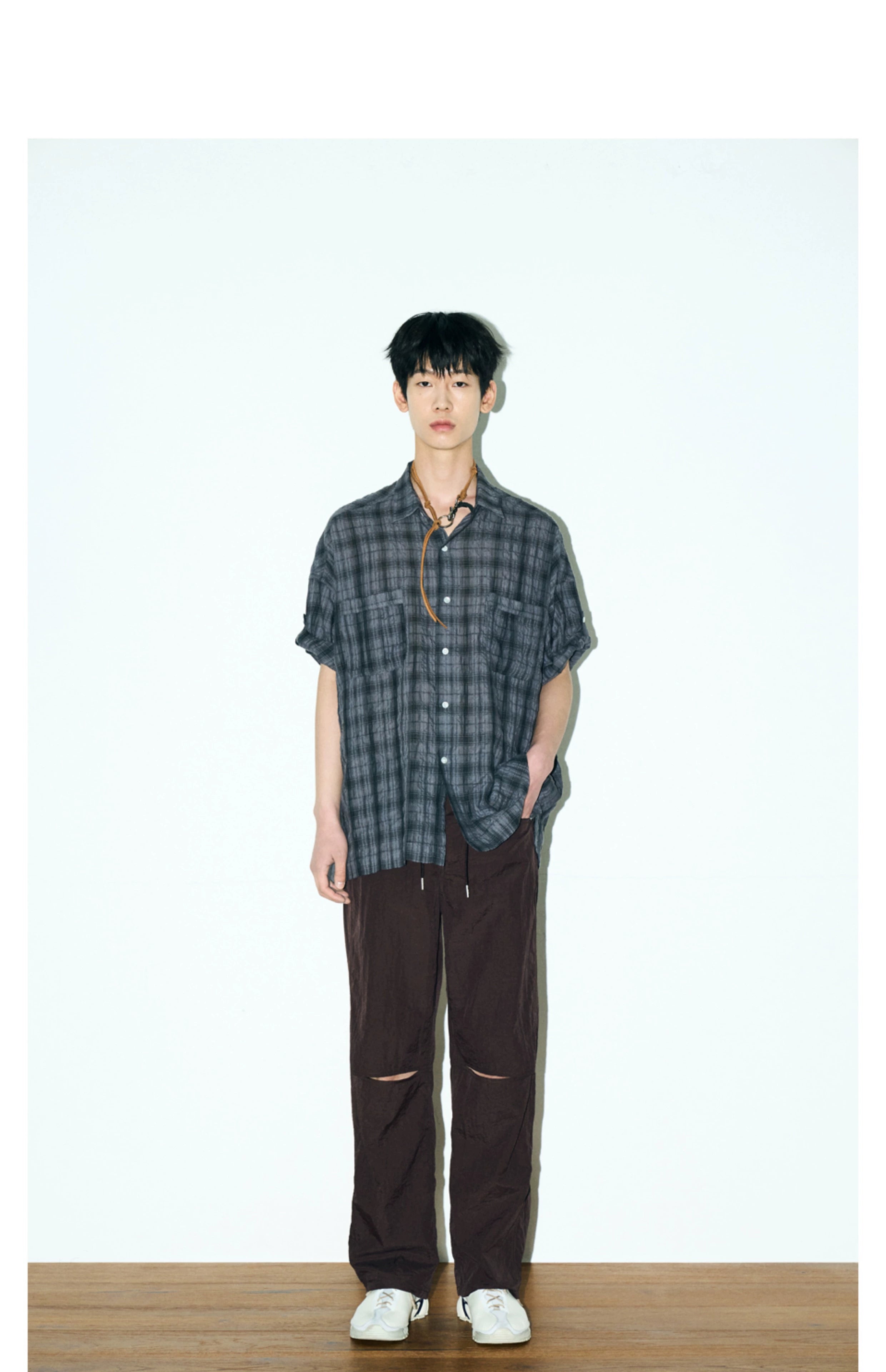 PARTIMENTO Loose Casual Pleated Plaid Shirt