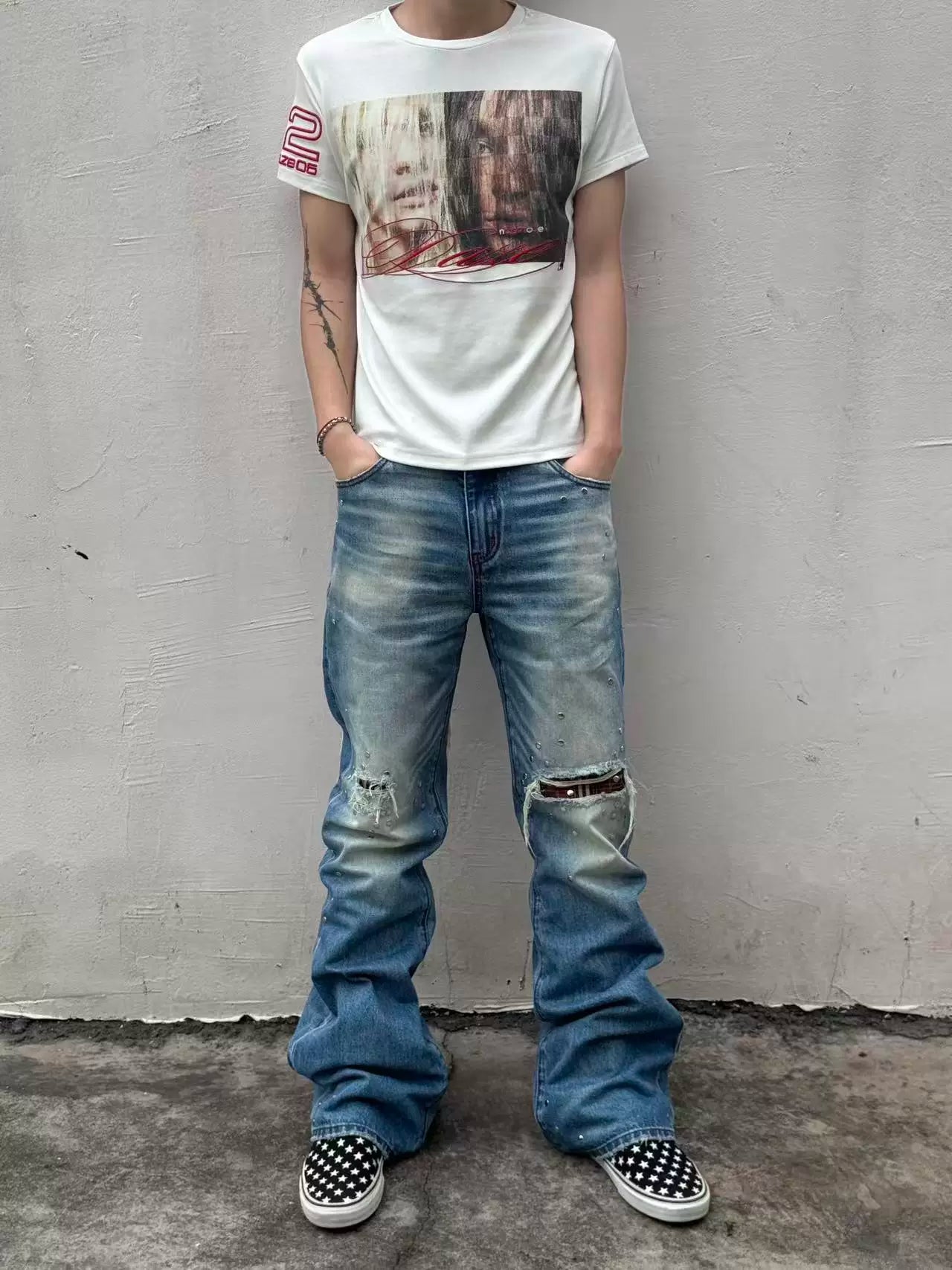 No E Mosen Plaid Rivet Pull Jeans