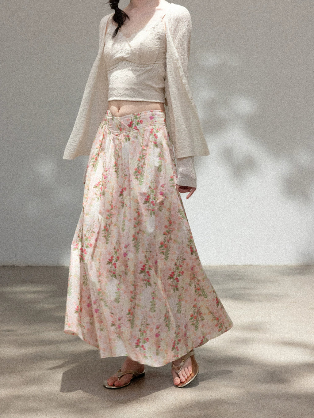 Cantonstory Floral High Waist Slim Skirt Knitted Cardigan Set