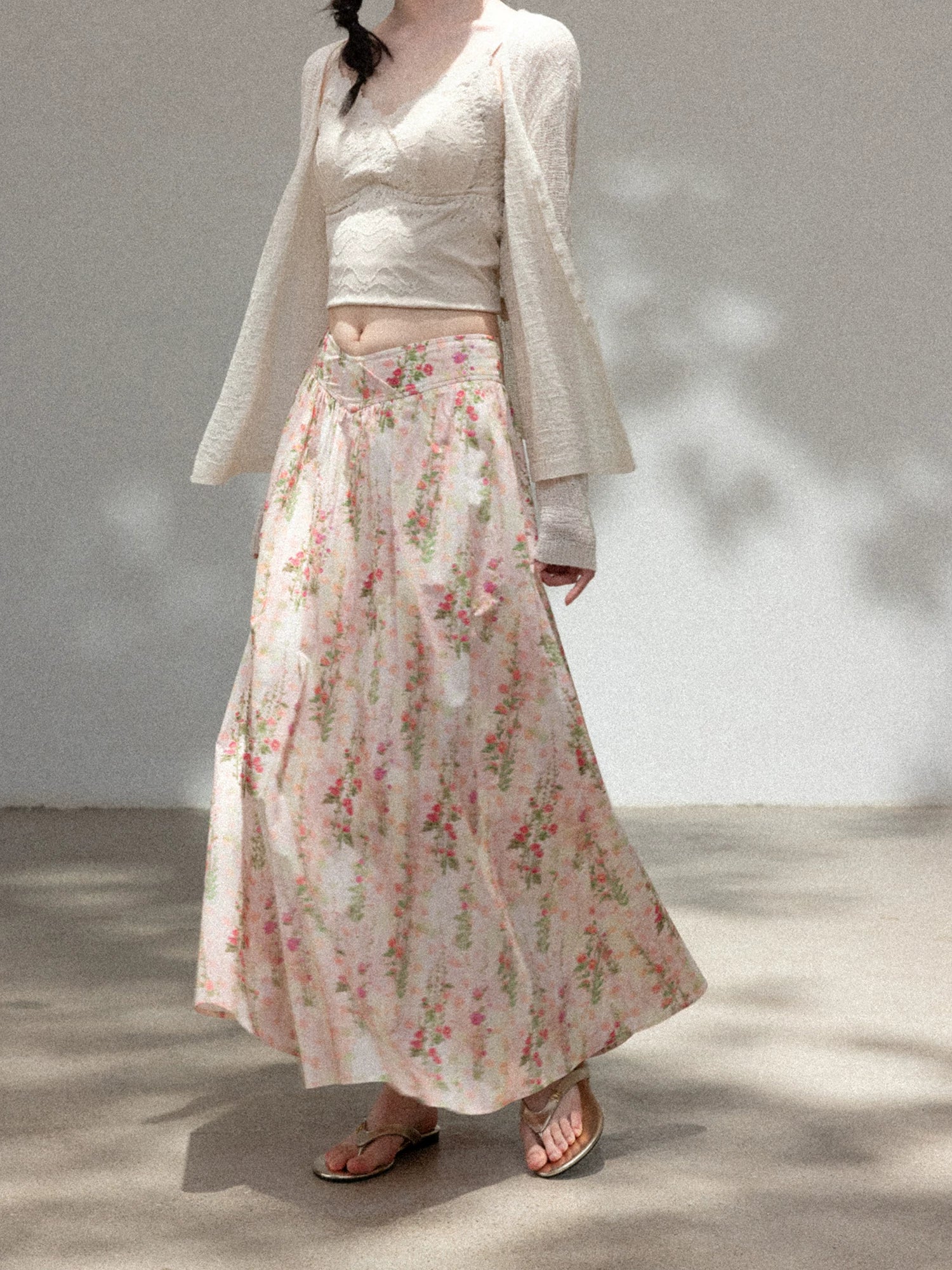Cantonstory Floral High Waist Slim Skirt Knitted Cardigan Set