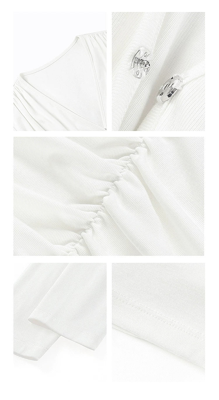 NEVA HU Slim Fit V-Neck Pleated Waist Long Sleeve
