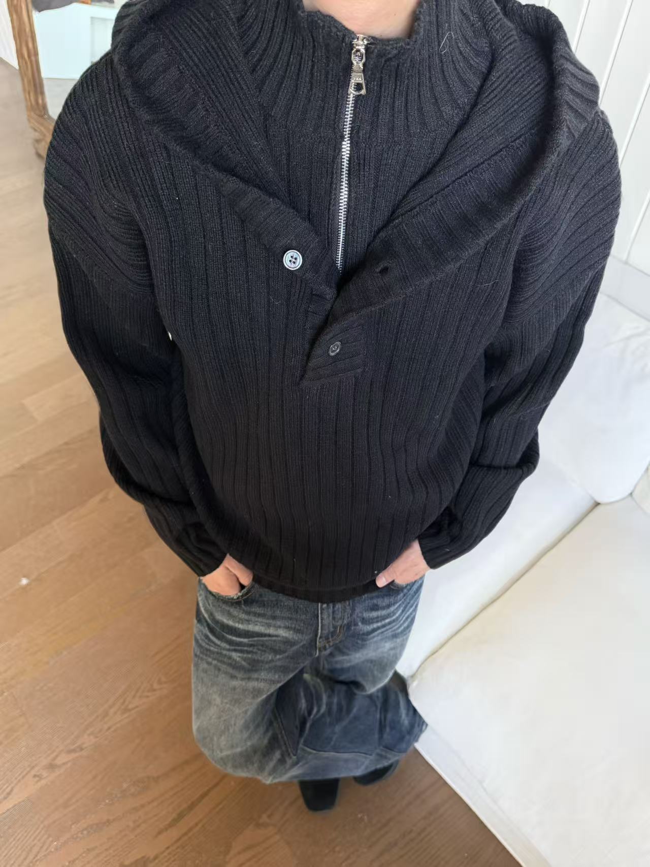 EME Fake Two-piece Stand-up Neck Hooded Thickened Knitted Sweater Jacket