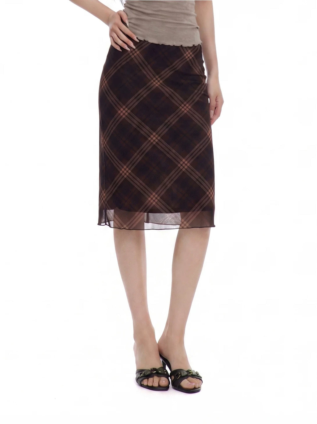 WITHMIN Plaid Mesh Stitching Low-rise Skirt