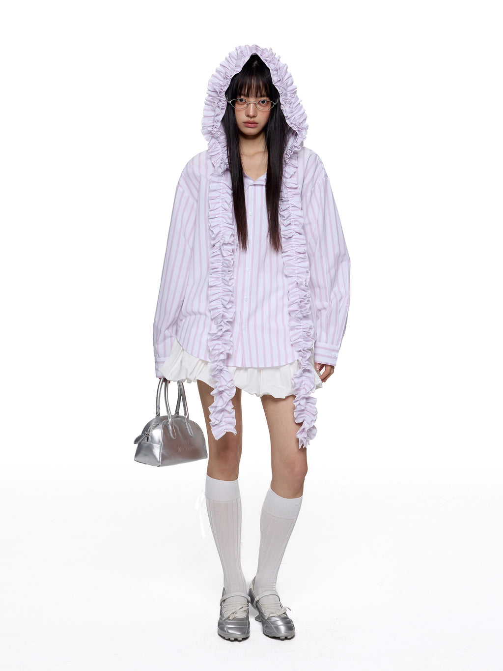 EZEK Striped Pleated Fringed Hooded Long-sleeved Shirt